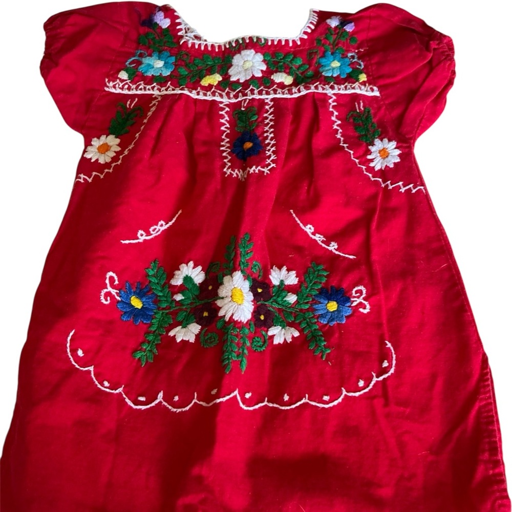 Vintge Girl’s Embroidered Mexican Dress Toddler Size 2T? Boho Floral Red Dress